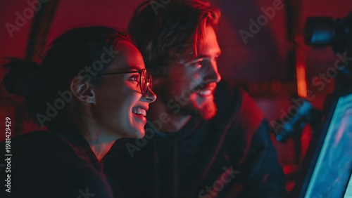 Close up of a couple smiling while looking at a computer screen in a dimly lit room with red lighting