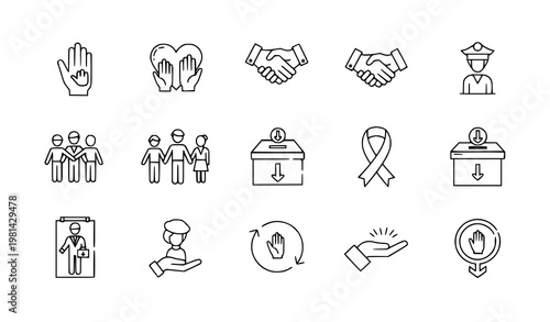 A set of line art icons depicting various social and healthcare related symbols and interactions