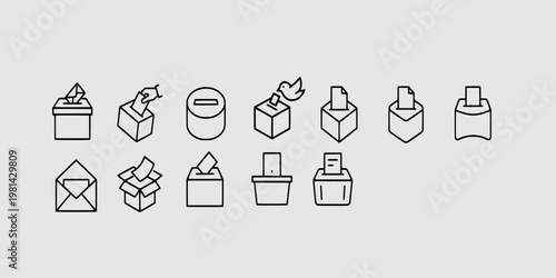 icon set collection of ballot boxes and mail envelopes representing voting systems, democratic elections, feedback collection, and postal correspondence in minimalist line art.