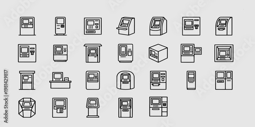 icon set collection of automated teller machines and electronic banking kiosks featuring various designs for financial transactions, cash withdrawals, and digital banking services.