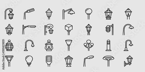 icon set collection of urban street lamps and outdoor lighting fixtures including vintage lanterns, modern LED poles, and classic garden light designs.