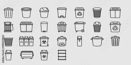 icon set collection of waste containers, trash bins, and recycling receptacles featuring different sizes, lids, and biohazard or industrial disposal symbols.