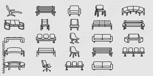 icon set collection of indoor and outdoor seating solutions including park benches, office chairs, waiting room sofas, and modular public furniture.
