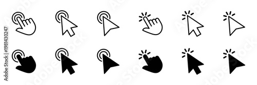 Collection of click icon flat and outline style. Click sign, cursor pointer icon, hand click icon, Mouse click cursor, finger click symbols. Vector illustration