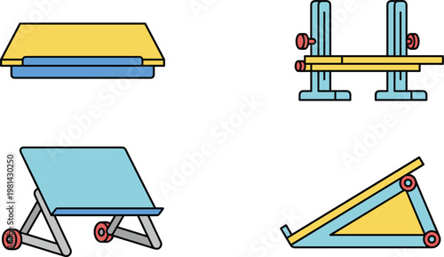Adjustable mechanical platform mechanisms set illustration with lifting tables and linkage systems, engineering motion structures and industrial equipment concept