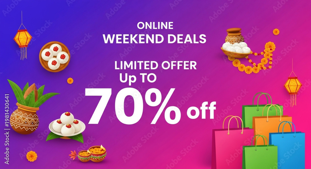 Naklejka premium Weekend online deals offering up to 70 percent off on various products