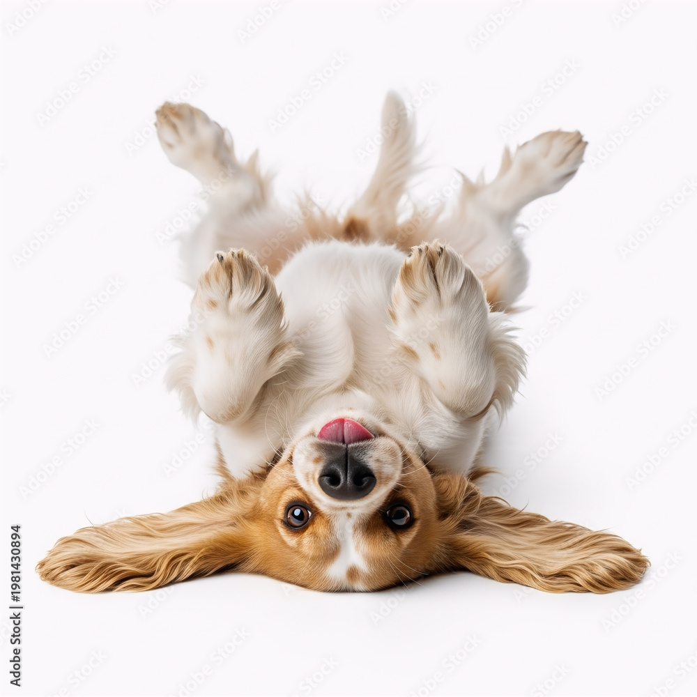 Fototapeta premium Playful Cocker Spaniel Puppy Lying on Back with Paws Up in Bright Natural Light