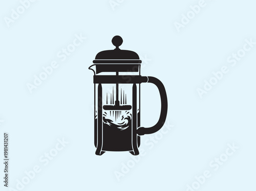 Downward plunging force silhouette of a coffee maker on white background
