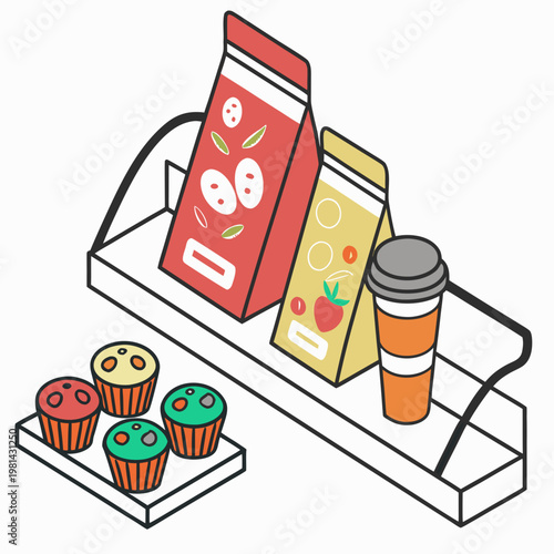 A tray of muffins and a drink with juice boxes