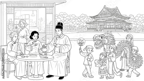 Black and white illustration of a family gathered around a table in traditional attire with a dragon dance performance in the background at a cultural event or festival setting.