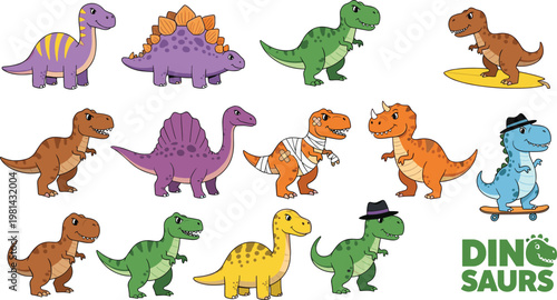 Cute Cartoon Dinosaur Characters Collection with Various Species and Funny Styles, Colorful Prehistoric Animals for Kids Illustration, Mascots, and Sticker Design