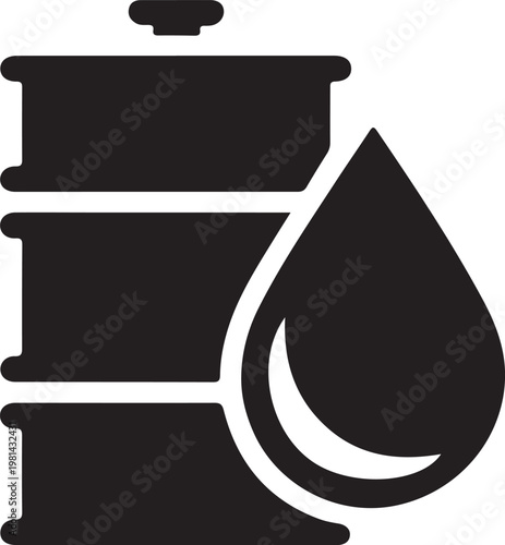 Industrial oil barrel icon with liquid drop, black crude oil drum vector illustration, petroleum energy and fuel storage symbol for business