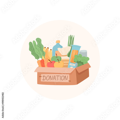 Circle patch with food donation box icon. Gift crate as care support for needy and community help. Flat cartoon graphic style with green and yellow food, ideal sticker for charity donate projects