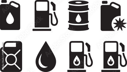 Fuel and oil industry icons set, black gas station pump and jerrycan vector symbols, petroleum barrel and liquid drop signs for energy business