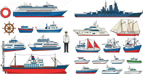Marine Vessel Collection with Cruise Ship, Yacht, Fishing Boat, Warship, and Cargo Ships, Maritime Transport and Nautical Elements Vector Illustration Set