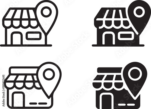Store location icon set with map pin, local shop finder symbols in outline and solid styles, retail business point of interest vector collection