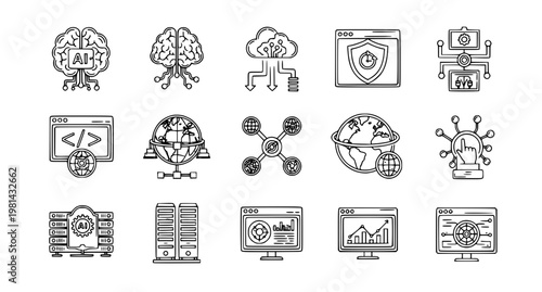 Futuristic IT technology outline icon set vector illustration with AI cloud data and cybersecurity system symbols