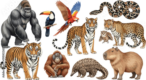 Realistic Wild Animals Collection with Tiger, Gorilla, Leopard, Parrot, Snake, Owl, Capybara, and Pangolin, Detailed Wildlife Illustration Set for Nature Design