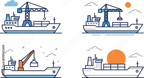 Cargo shipping vessels icons set illustration with cranes containers and sea transport, maritime logistics and freight delivery concept minimal flat design