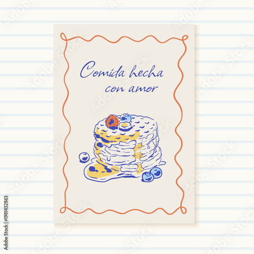 Whimsical breakfast poster with pancakes set. Cute french brunch bakery card and cafe menu accent. Doodle food sketch as yellow and blue print for cozy restaurant banner or brunch set social media