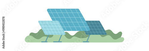 Flat eco solar panel energy icon scene. Clean solar panel as green power source and renewable technology symbol. Simple blue on nature background for ecology, environment care and sustainable future
