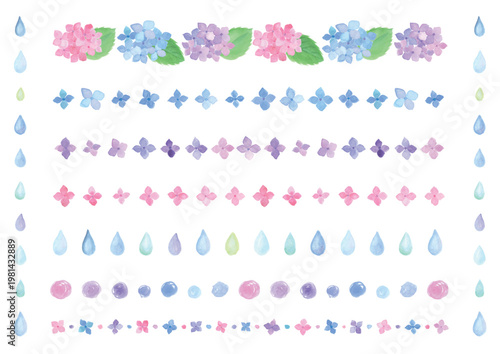 A set of decorative lines featuring colorful watercolor hydrangeas and rainy season imagery.