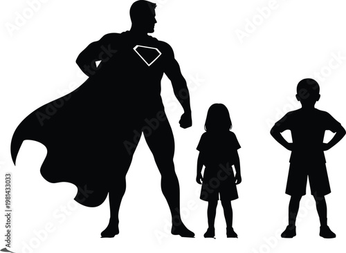 Superhero Silhouette with Kids Standing Confidently, Father Figure Hero Concept with Children, Strength, Protection, and Inspiration in Minimal Vector Illustration