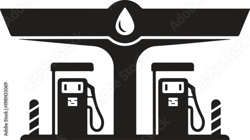 Gas station vector icon, black and white petrol station silhouette, fuel pump station with roof canopy, automotive service station graphic