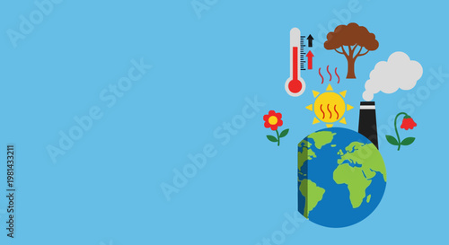 Climate Change and Global Warming Vector Illustration with Earth, Rising Temperature, and Industrial Pollution Concept