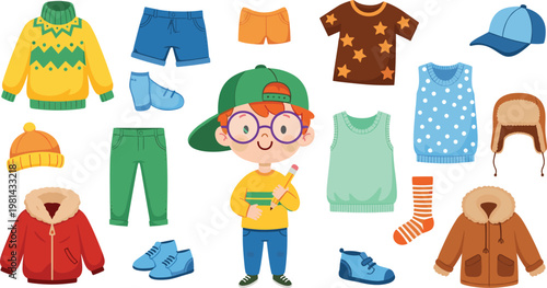 Kids Clothing Collection with Cartoon Boy and Fashion Items, Seasonal Outfits Including Sweaters, Jackets, Shoes, and Accessories for Children Illustration Design