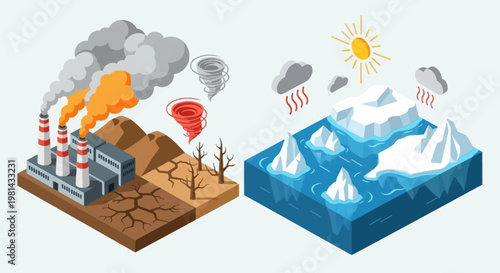 Isometric Climate Change Illustration with Industrial Pollution, Drought, Tornado, and Melting Icebergs in Ocean.