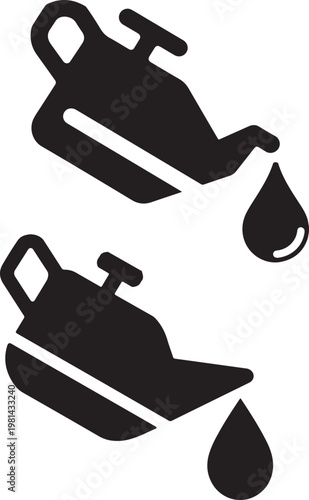 Automotive oil can icons with liquid droplets, black engine lubricant oiler symbols, industrial grease can vector set for car maintenance