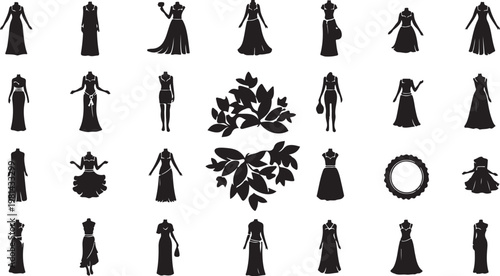 Collection of black silhouettes of women in various dresses