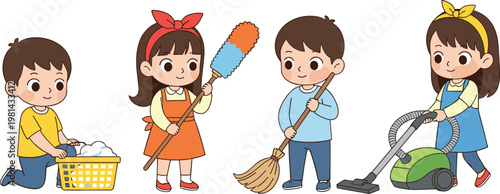 Cartoon Kids Cleaning and Housework Activities, Children Washing Clothes, Dusting, Sweeping, and Vacuuming, Responsibility and Chore Learning Illustration