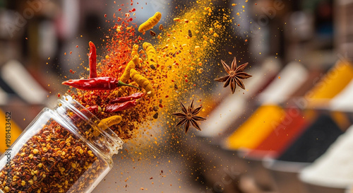 Rich earthy colorful lighting on a spice jar mockup with vibrant explosion