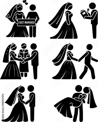 Just Married Couple Icons, Wedding Celebration Illustration Set