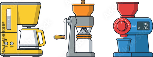 Coffee brewing machines set illustration with drip maker manual grinder and electric coffee mill, barista equipment collection and beverage preparation concept