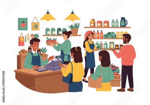 People shopping at a market stall.