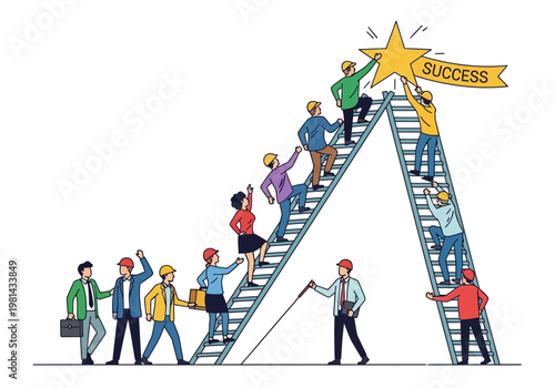 People climbing ladder to success together.