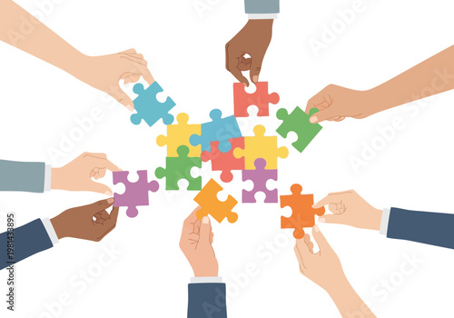 Diverse hands holding puzzle pieces together.