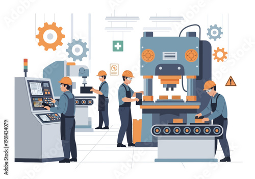 Workers operating industrial factory machines.