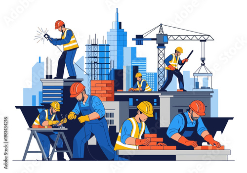 Construction workers in hard hats working.