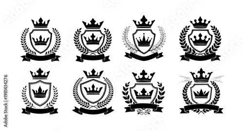 Luxury royal crown emblem vector set with heraldic symbols laurel wreaths and authority prestige badge designs