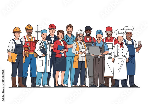 Diverse group of various professionals standing.