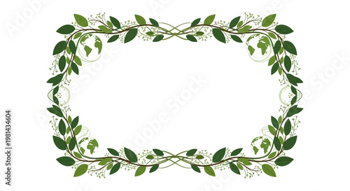Illustrated Earth Day vector design featuring a decorative green leafy frame surrounding a blank social media template against a clean white background, styled as an eco-friendly business