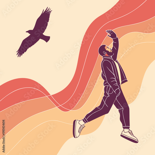 Person in dark clothes throwing something up in the air with a bird flying nearby