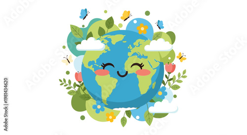 Vector Earth Day social media frame with an illustrative design featuring a smiling globe surrounded by lush green foliage, fluttering butterflies, and fluffy clouds against a clean white