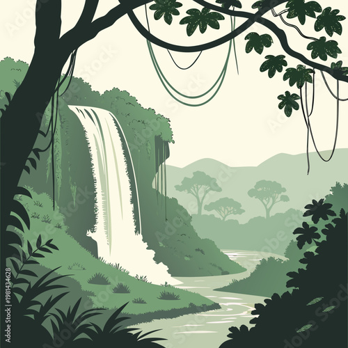 A serene waterfall cascading down a lush green cliff