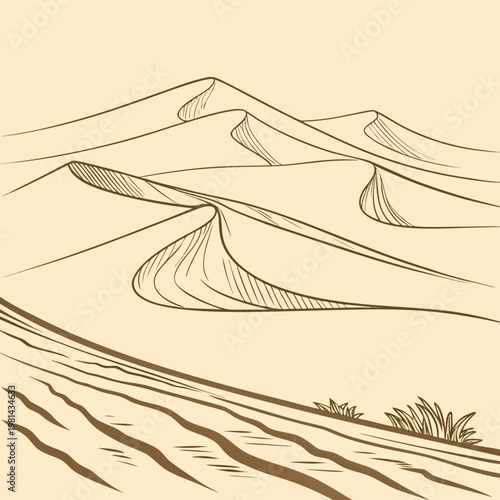 A drawing of a desert landscape with sand dunes