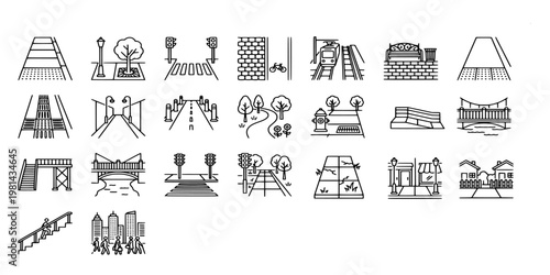 icon set collection of city street elements including sidewalks, tactile paving, benches, street lights, bridges, and public infrastructure components.